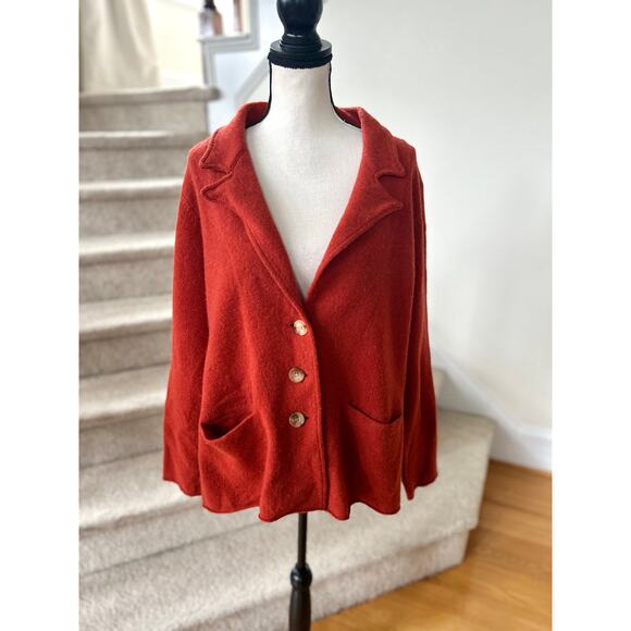 Eileen Fisher Rust Red Pumpkin Wool Chunky Three Button Blazer Cardigan - Picture 1 of 6